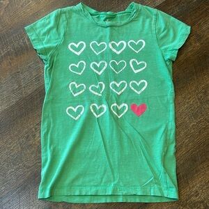 Mini Boden Green Tee with White Heart Pattern and Pink Accent
